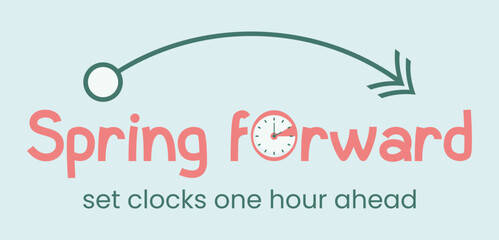 Spring Forward banner. Shift concept in flat style. Set clocks one hour Ahead in March. Hand of alarm turning to Summertime. DST starts - obrazy, fototapety, plakaty