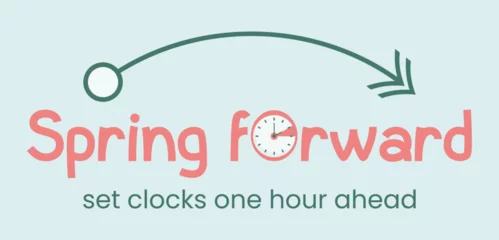Foto op Plexiglas Spring Forward banner. Shift concept in flat style. Set clocks one hour Ahead in March. Hand of alarm turning to Summertime. DST starts © Zhizhi