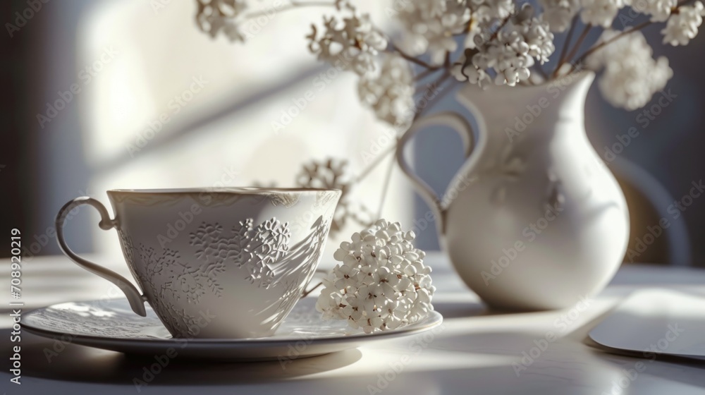 Poster a cup and saucer sitting on a table next to a vase with flowers in it and a plate with a saucer next