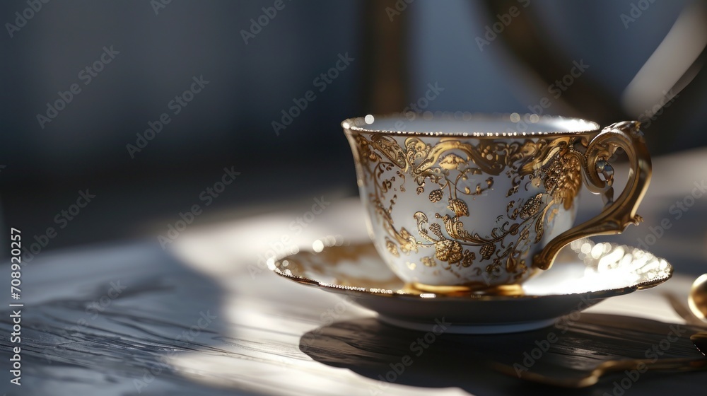 Poster  a cup and saucer sitting on a table next to a spoon and a spoon rest on the edge of the cup, with a spoon resting on the edge of the saucer.