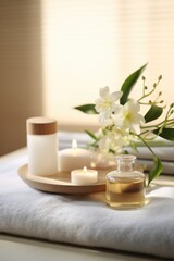 Spa or massage center table top objects - aroma oil in the bottle, candles, towels and decorative flowers.