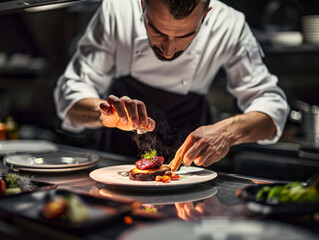 Obraz na płótnie Canvas A professional chef meticulously garnishing a gourmet dish in a restaurant kitchen.