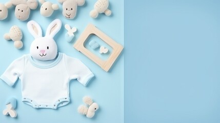 Charming Baby Boy Concept: Knitted Bunny, Blue Teether, and Playful Toys on Pastel Background - Precious Infant Essentials