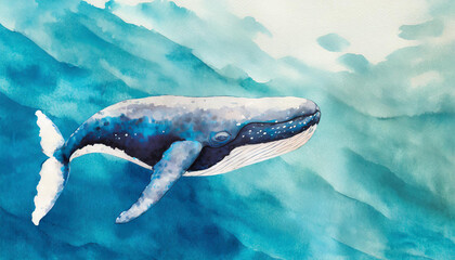 Top view of a stilazed whale in the ocean, watercolor art style, copy space on a side