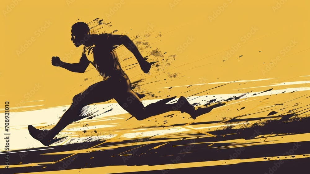Poster a silhouette of a man running on a yellow and black background with a splash of paint on the side of