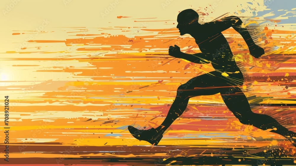 Poster a silhouette of a man running in front of an orange, yellow, and blue background with a splash of pa