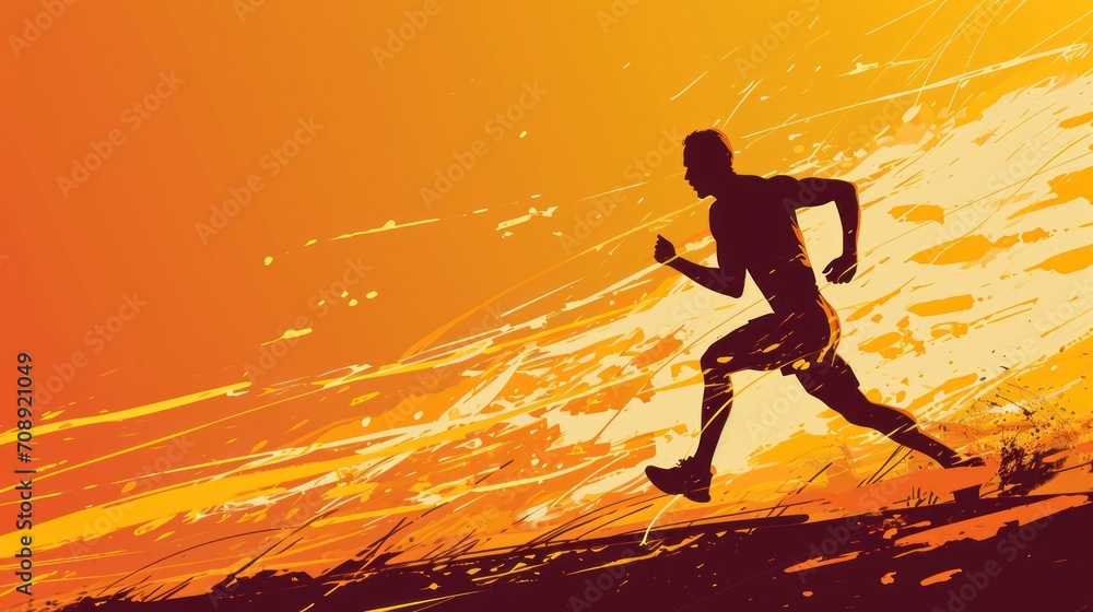 Poster a silhouette of a man running across a field with an orange sky in the background and a splash of pa