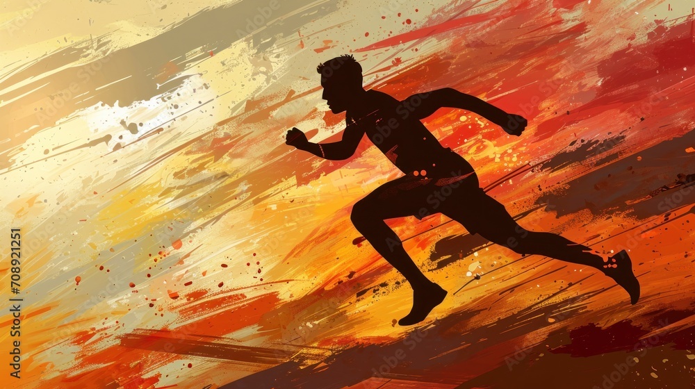 Poster a silhouette of a man running in a race against an orange, yellow, and red background with a splash 
