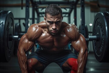 A man weight fitness at the gym for strong muscle for sport and power. Generative AI.