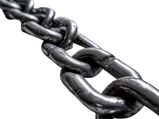 Close-up of shiny, polished metal chain links on a grey background.