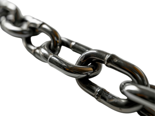 Close-up of shiny, polished metal chain links on a grey background.