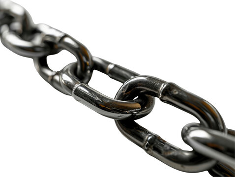 Close-up of shiny, polished metal chain links on a grey background.