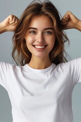 Fototapeta premium A happy woman with t-shirt winning gesture. Generative AI.