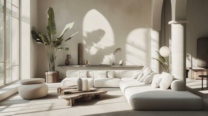  a living room with a large white couch and a coffee table in front of a large window with a potted plant in the corner of the room next to the couch.