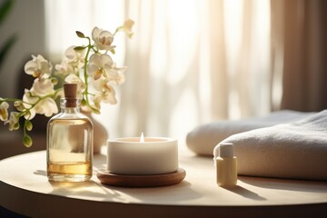 Fototapeta na wymiar Spa or massage center table top objects - aroma oil in the bottle, candles, towels and decorative flowers.