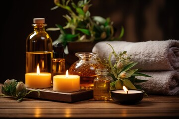 Fototapeta na wymiar Spa or massage center table top objects - aroma oil in the bottle, candles, towels and decorative flowers.
