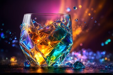 Vibrant glass cup, water splashing in a burst of colors against a vibrant backdrop, refreshing and dynamic visual energy.