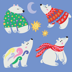 Dressed polar bears in festive scarves and sweaters