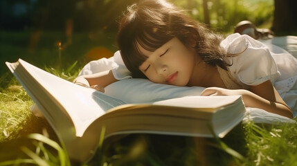 Obraz premium Asian girl reading a book on the lawn.