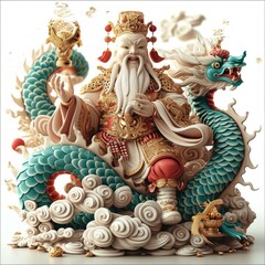 Fototapeta premium The god of wealth in china is riding a Chinese dragon, The god of wealth is holding a gold ingot. Generative AI.