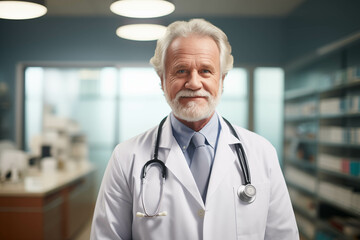 Caucasian old man doctor looking at camera with confidence in clinic.