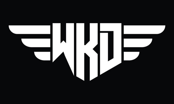 WKD three letter logo, creative wings shape logo design vector template. letter mark, word mark, monogram symbol on black & white.	