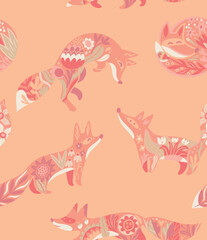 Seamless pattern with sweet peach foxes and flowers in folk style 