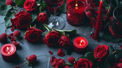  a table topped with lots of red roses next to a couple of wine glasses and a couple of candles on top of a table next to a bunch of red roses.