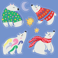 Dressed polar bears in festive scarves and sweaters, sticker set