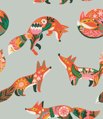 Seamless pattern with sweet red foxes and flowers in folk style  - 708923023