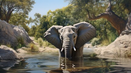  a painting of an elephant in a body of water with trees and bushes in the background and rocks in the foreground, and a body of water in the foreground.