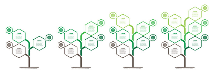 Set of infographics or timelines with 3, 4, 5 and 6 parts. Development and growth of the green technology and science in the world. Business presentation with steps or processes. Info graphic.