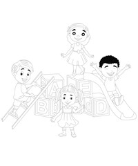 Children playing on playground equipment with alphabet blocks isolated on white background