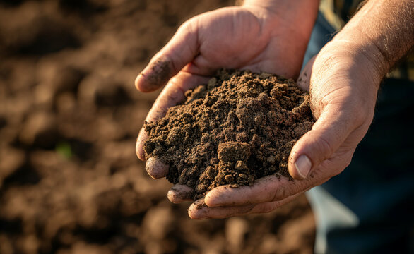 Farmer holding soil in hands close-up.