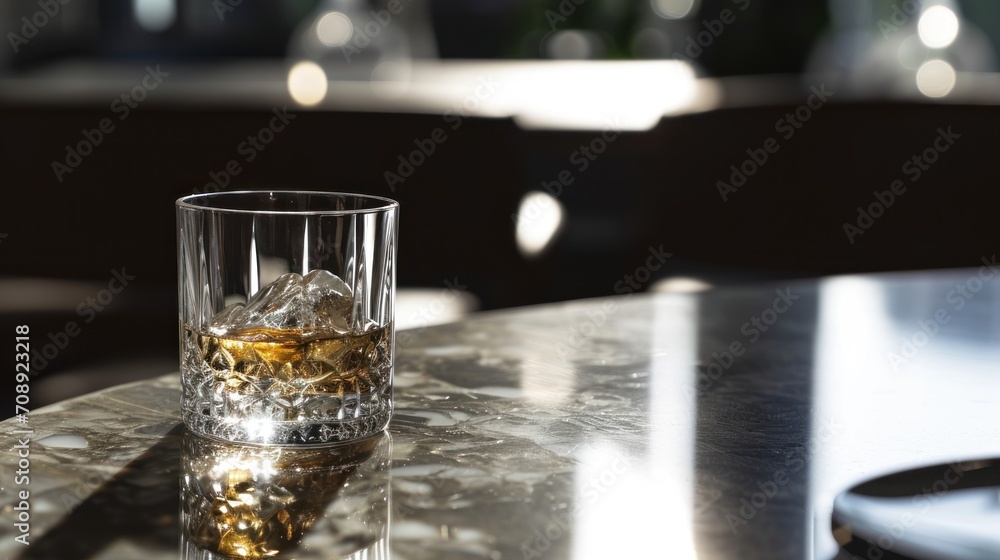 Poster a close up of a glass on a table with a drink in the foreground and a plate on the other side of the
