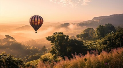 Obraz premium a hot air balloon flying in the sky over a lush green hillside covered with trees and bushes at sunset or dawn with fog in the valley in the foreground.