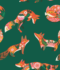Seamless pattern with sweet red foxes and flowers in folk style  - 708923276