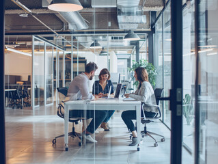 Group of young business people discussing business plan at modern startup office building