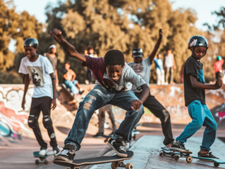 african american boy riding skateboard in skate park with friends