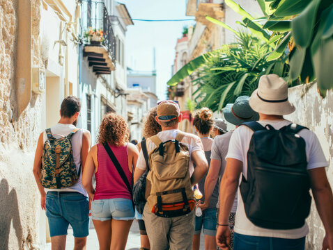 A diverse group of friends explore the narrow streets of a sunny urban area.