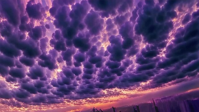 The sky tinged with purple hues at dusk and the strangely shaped mammatus clouds floating in it.
