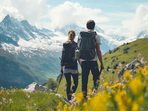 Hiking couple with backpacks and trekking poles in the mountains