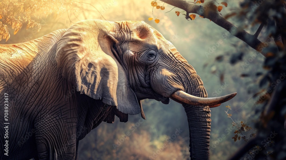 Poster an elephant with tusks standing in front of a tree with its trunk in the air and its trunk in the ai
