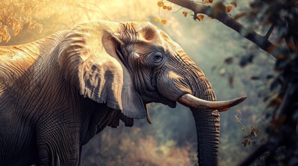  an elephant with tusks standing in front of a tree with its trunk in the air and its trunk in the air, with its trunk in the air.