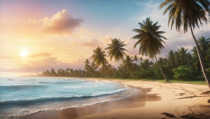 photo of sunrise view on the beach with white sand and beautiful coconut trees made by AI generative