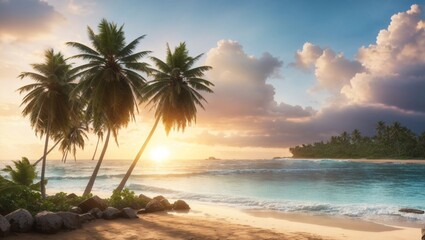 Fototapeta premium photo of sunrise view on the beach with white sand and beautiful coconut trees made by AI generative