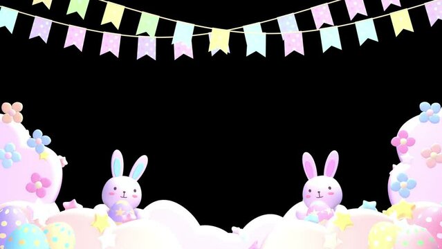 Looped frame of cute bunnies holding Easter eggs, beautiful flowers, pastel clouds, and bunting flags on a transparent background