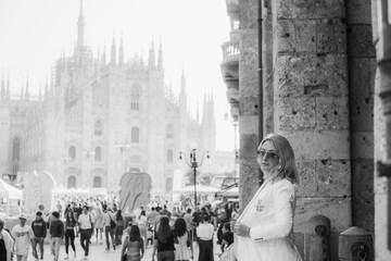 Vacation in Italy. Concept of tourism and holidays. Woman in landscape scene