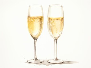 Two Glasses of Champagne isolated on white background. Watercolor illustration.