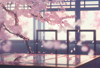 Close up of with flowers on a wooden table next to a branch of cherry blossoms.